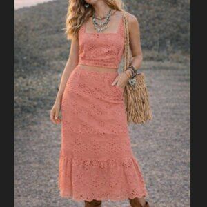 Joie Eyelet 2 Piece Set M Peach Coral Halter Top Skirt Boho Outfit NWT Resort